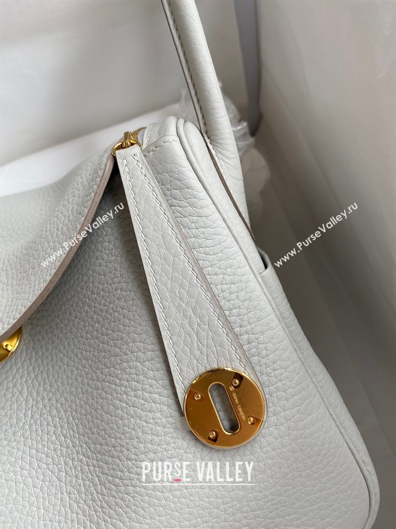 Hermes Lindy 26/30 Bag in Original Taurillon Clemence Leather Pearl Grey/Gold 2024(Full Handmade) (XYA-24051526)