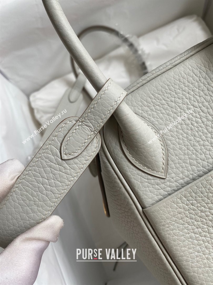 Hermes Lindy 26/30 Bag in Original Taurillon Clemence Leather Pearl Grey/Gold 2024(Full Handmade) (XYA-24051526)