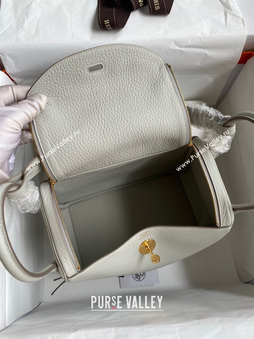 Hermes Lindy 26/30 Bag in Original Taurillon Clemence Leather Pearl Grey/Gold 2024(Full Handmade) (XYA-24051526)