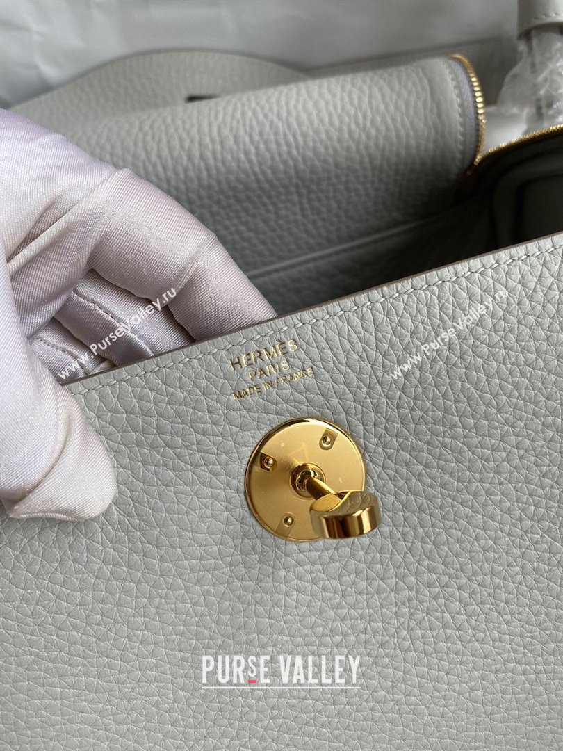 Hermes Lindy 26/30 Bag in Original Taurillon Clemence Leather Pearl Grey/Gold 2024(Full Handmade) (XYA-24051526)