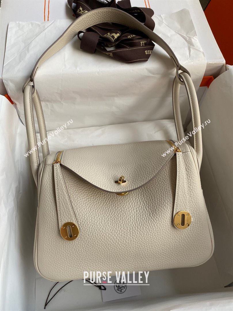 Hermes Lindy 26/30 Bag in Original Taurillon Clemence Leather Milk Shake White/Gold 2024(Full Handmade) (XYA-24051527)