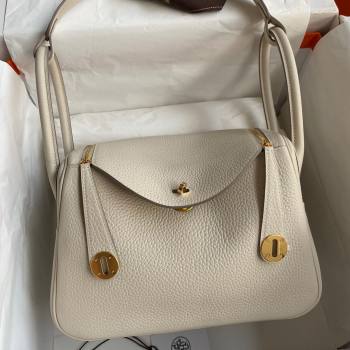 Hermes Lindy 26/30 Bag in Original Taurillon Clemence Leather Milk Shake White/Gold 2024(Full Handmade) (XYA-24051527)