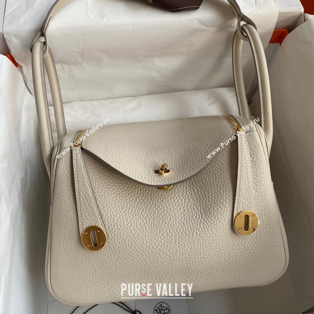Hermes Lindy 26/30 Bag in Original Taurillon Clemence Leather Milk Shake White/Gold 2024(Full Handmade) (XYA-24051527)