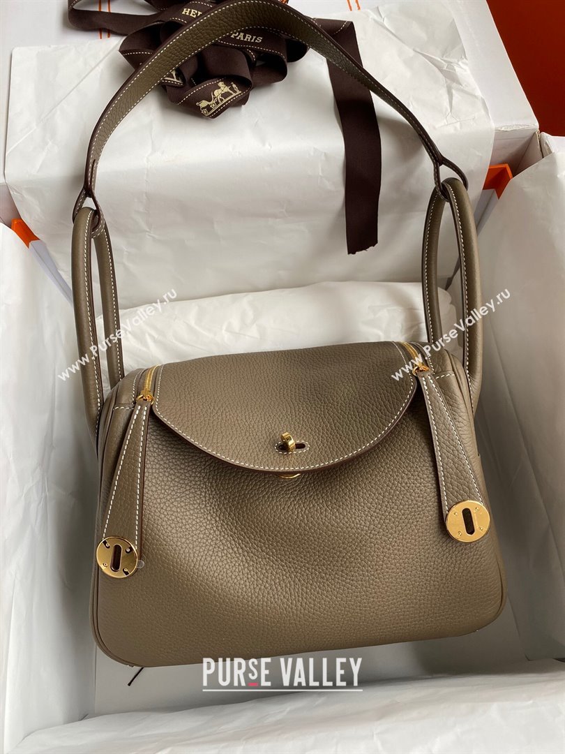 Hermes Lindy 26/30 Bag in Original Taurillon Clemence Leather Etoupe/Gold 2024(Full Handmade) (XYA-24051530)