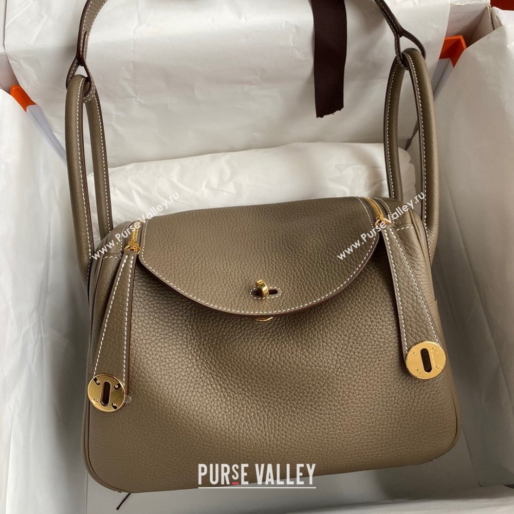 Hermes Lindy 26/30 Bag in Original Taurillon Clemence Leather Etoupe/Gold 2024(Full Handmade) (XYA-24051530)