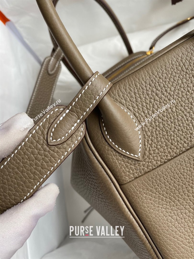 Hermes Lindy 26/30 Bag in Original Taurillon Clemence Leather Etoupe/Gold 2024(Full Handmade) (XYA-24051530)