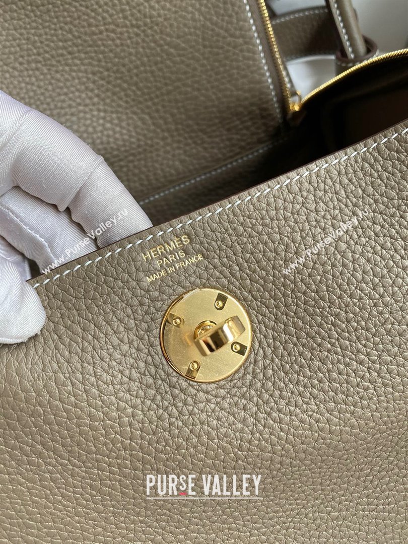 Hermes Lindy 26/30 Bag in Original Taurillon Clemence Leather Etoupe/Gold 2024(Full Handmade) (XYA-24051530)