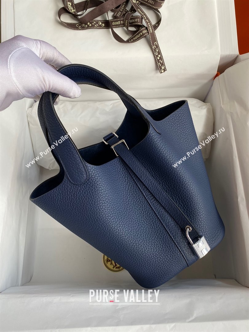 Hermes Picotin Lock Bag 18cm/22cm in Taurillon Clemence Leather Deep Blue/Silver 2023 (Handmade) (M-23110734)