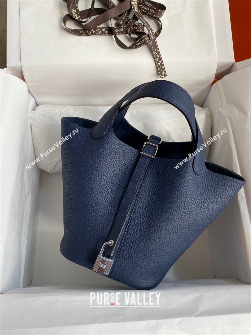 Hermes Picotin Lock Bag 18cm/22cm in Taurillon Clemence Leather Deep Blue/Silver 2023 (Handmade) (M-23110734)