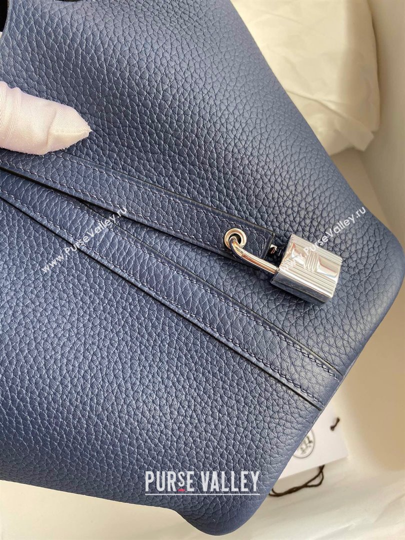 Hermes Picotin Lock Bag 18cm/22cm in Taurillon Clemence Leather Deep Blue/Silver 2023 (Handmade) (M-23110734)