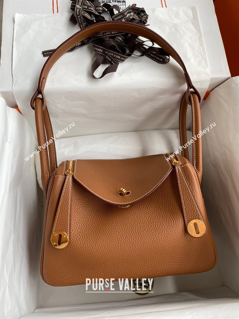 Hermes Lindy 26/30 Bag in Original Taurillon Clemence Leather Brown/Gold 2024(Full Handmade) (XYA-24051532)