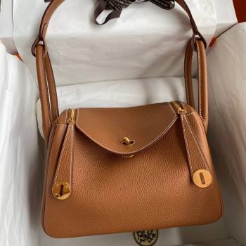 Hermes Lindy 26/30 Bag in Original Taurillon Clemence Leather Brown/Gold 2024(Full Handmade) (XYA-24051532)