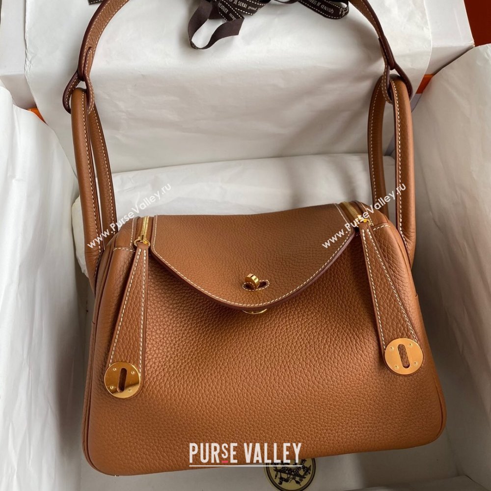 Hermes Lindy 26/30 Bag in Original Taurillon Clemence Leather Brown/Gold 2024(Full Handmade) (XYA-24051532)