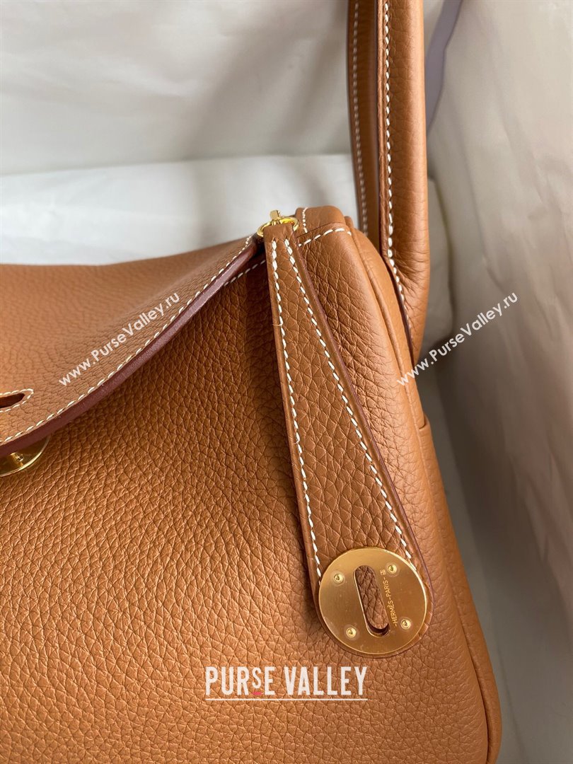 Hermes Lindy 26/30 Bag in Original Taurillon Clemence Leather Brown/Gold 2024(Full Handmade) (XYA-24051532)