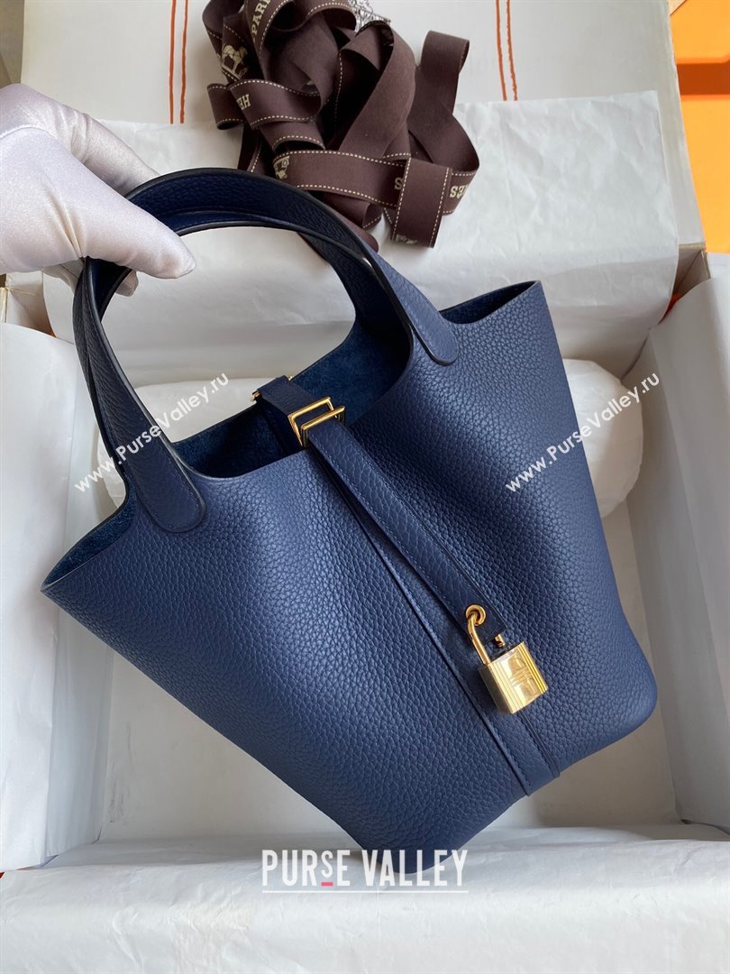 Hermes Picotin Lock Bag 18cm/22cm in Taurillon Clemence Leather Deep Blue/Gold 2023 (Handmade) (M-23110735)