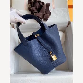 Hermes Picotin Lock Bag 18cm/22cm in Taurillon Clemence Leather Deep Blue/Gold 2023 (Handmade) (M-23110735)