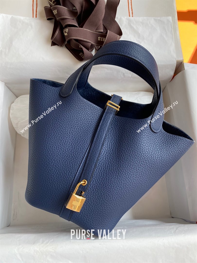 Hermes Picotin Lock Bag 18cm/22cm in Taurillon Clemence Leather Deep Blue/Gold 2023 (Handmade) (M-23110735)