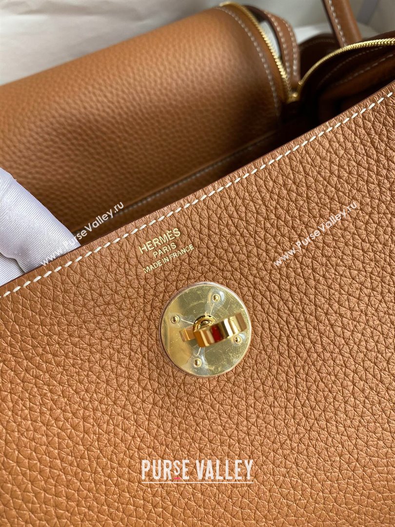 Hermes Lindy 26/30 Bag in Original Taurillon Clemence Leather Brown/Gold 2024(Full Handmade) (XYA-24051532)