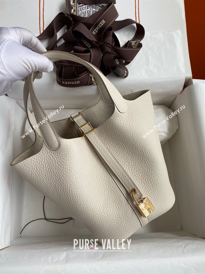 Hermes Picotin Lock Bag 18cm/22cm in Taurillon Clemence Leather Milk Shake White/Gold 2023 (Handmade) (M-23110713)