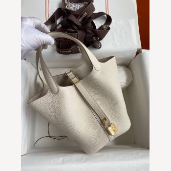 Hermes Picotin Lock Bag 18cm/22cm in Taurillon Clemence Leather Milk Shake White/Gold 2023 (Handmade) (M-23110713)