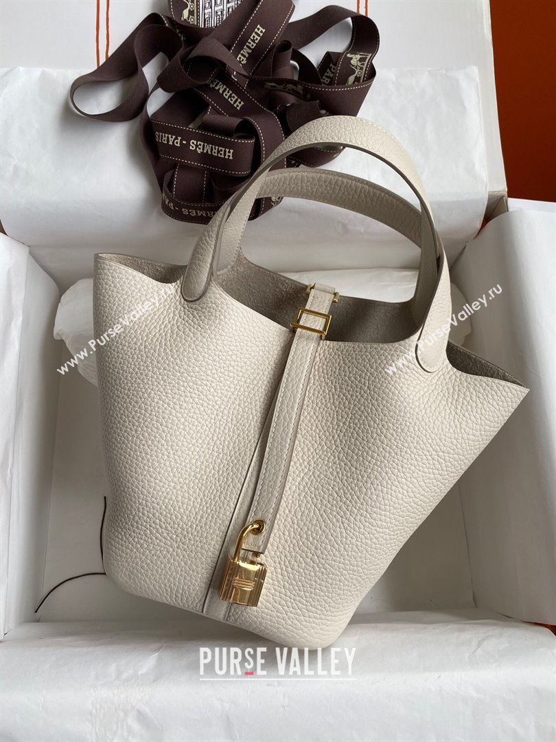 Hermes Picotin Lock Bag 18cm/22cm in Taurillon Clemence Leather Milk Shake White/Gold 2023 (Handmade) (M-23110713)