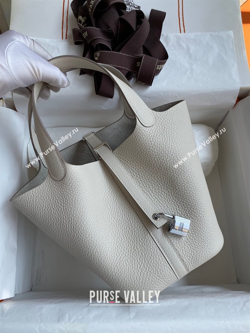 Hermes Picotin Lock Bag 18cm/22cm in Taurillon Clemence Leather Milk Shake White/Silver 2023 (Handmade) (M-23110714)