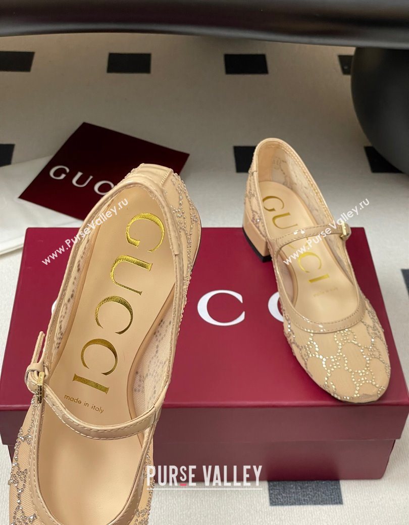 Gucci Allover GG Strass Mesh Mary Janes Pumps 2.5cm Nude2 2025 836809 (MD-250828002)