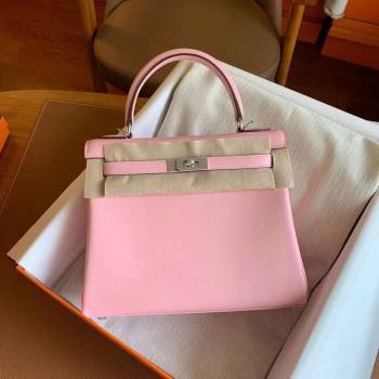 Hermes Kelly 25 Bag in Original Swift Leather 3Q Pink/Silver 2024 (Full Handmade) (XYA-24032611)