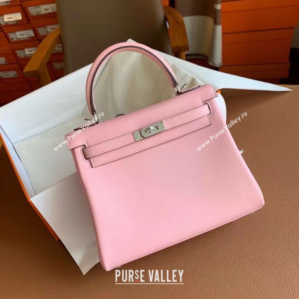 Hermes Kelly 25 Bag in Original Swift Leather 3Q Pink/Silver 2024 (Full Handmade) (XYA-24032611)