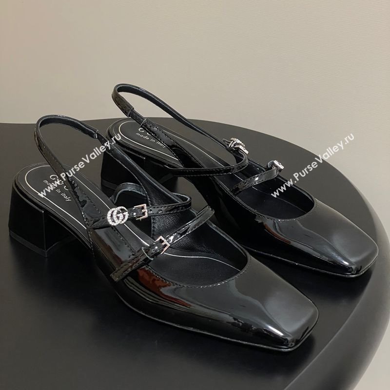 Gucci Patent Leather Slingback Pump 5.5cm with Strass GG Buckle Strap Black 2025 (MD-250828011)