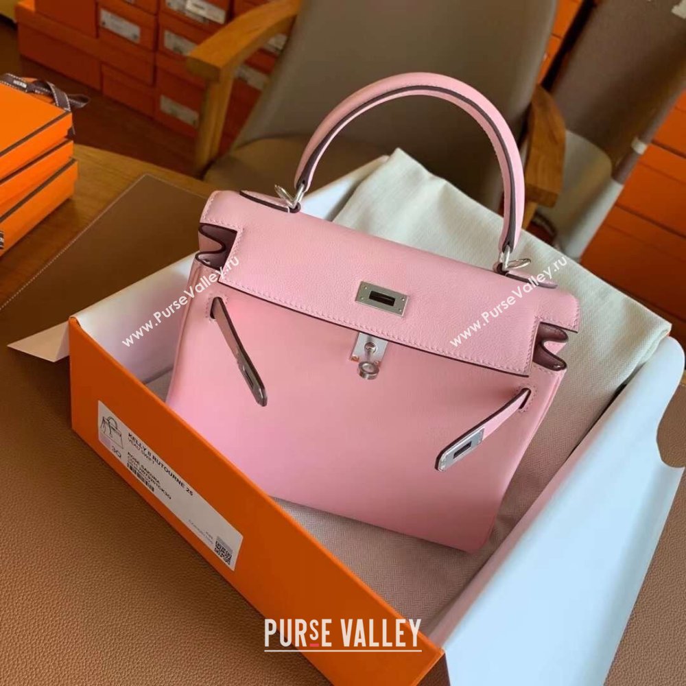 Hermes Kelly 25 Bag in Original Swift Leather 3Q Pink/Silver 2024 (Full Handmade) (XYA-24032611)