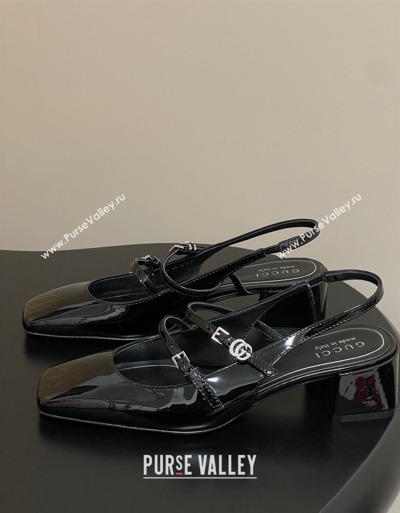 Gucci Patent Leather Slingback Pump 5.5cm with Strass GG Buckle Strap Black 2025 (MD-250828011)