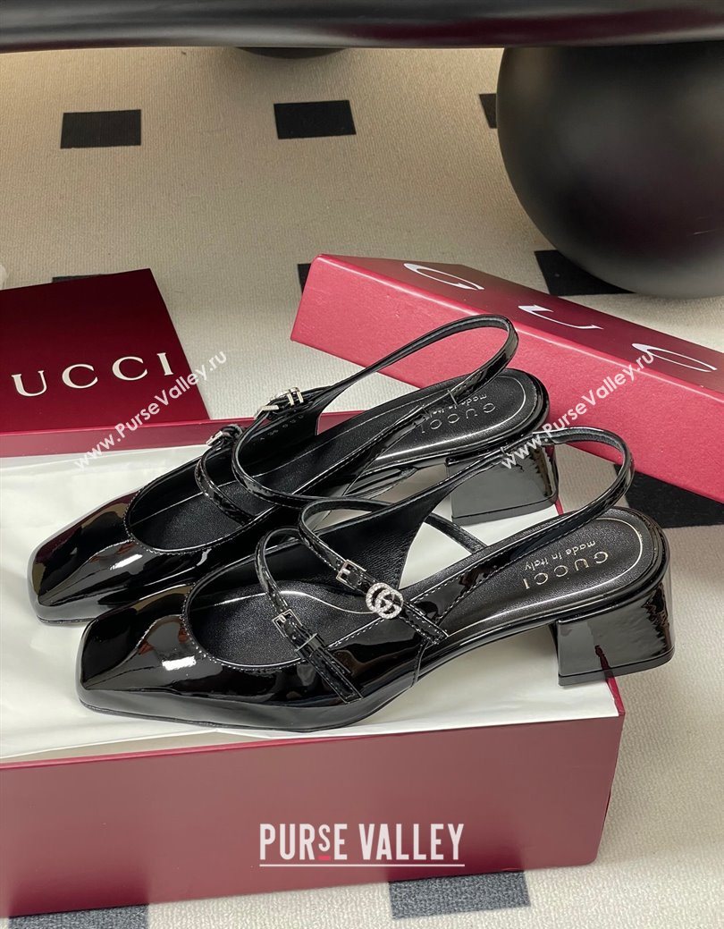 Gucci Patent Leather Slingback Pump 5.5cm with Strass GG Buckle Strap Black 2025 (MD-250828011)
