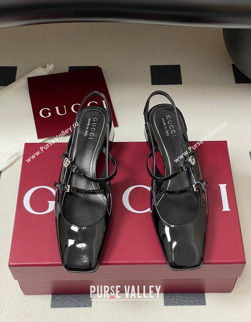 Gucci Patent Leather Slingback Pump 5.5cm with Strass GG Buckle Strap Black 2025 (MD-250828011)