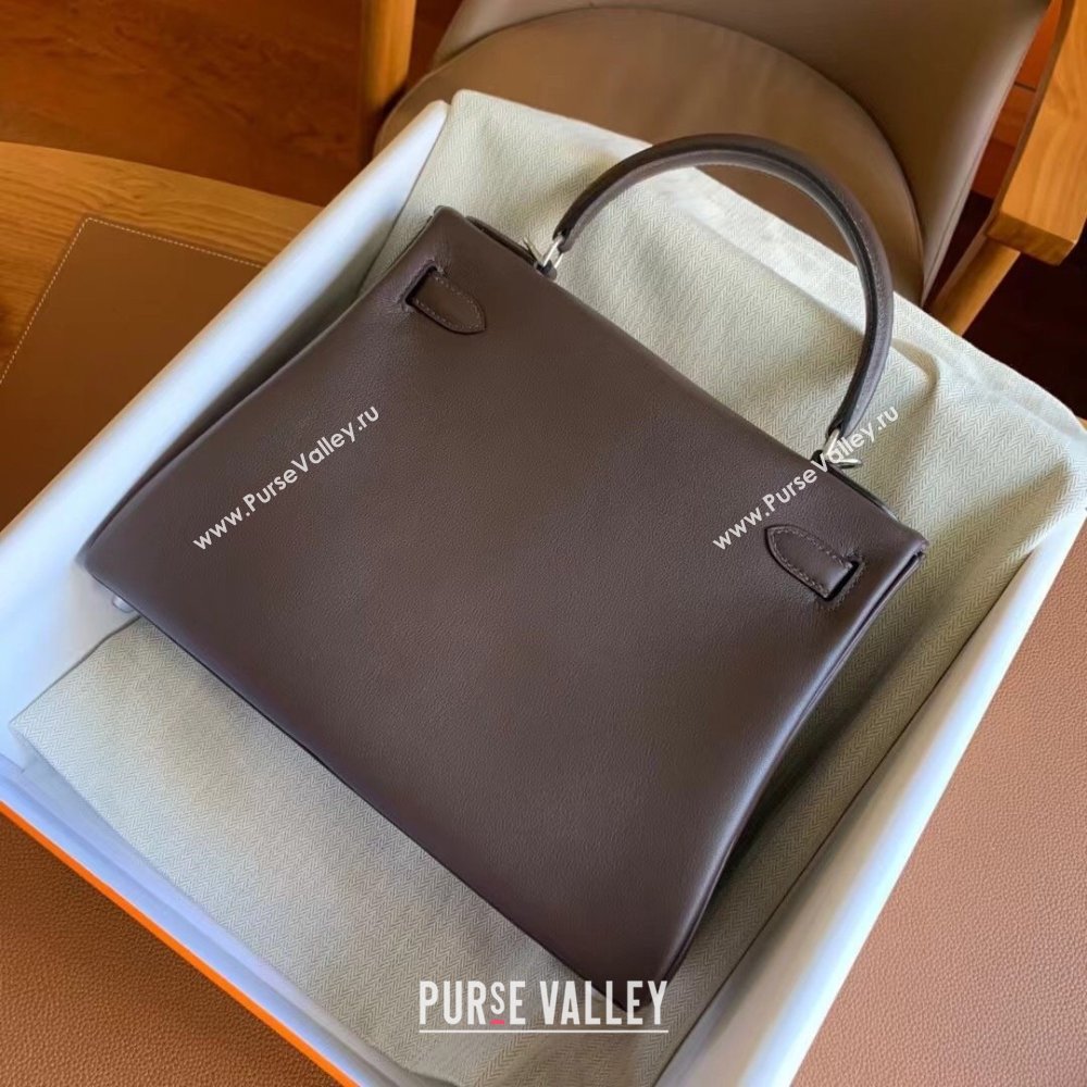 Hermes Kelly 25 Bag in Original Swift Leather Chocolate/Silver 2024 (Full Handmade) (XYA-24032612)