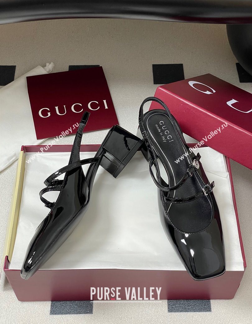 Gucci Patent Leather Slingback Pump 5.5cm with Strass GG Buckle Strap Black 2025 (MD-250828011)
