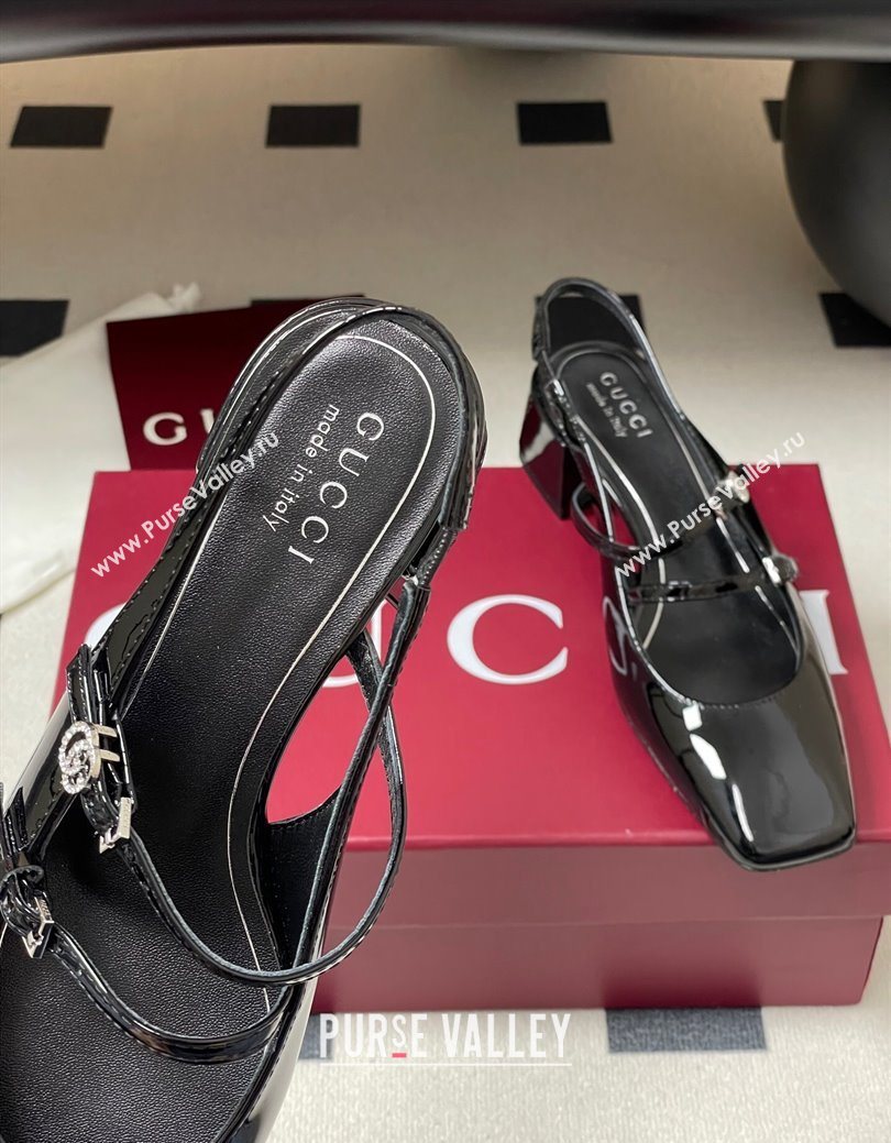 Gucci Patent Leather Slingback Pump 5.5cm with Strass GG Buckle Strap Black 2025 (MD-250828011)