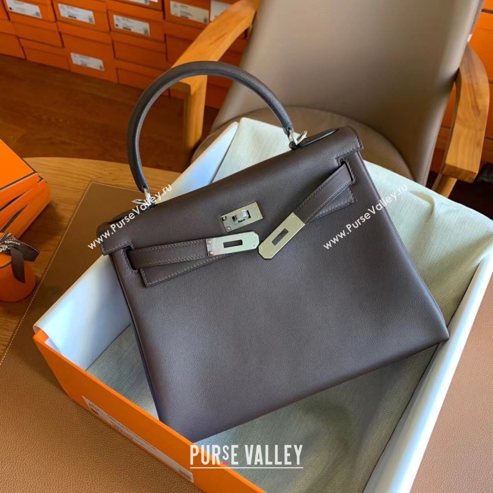 Hermes Kelly 25 Bag in Original Swift Leather Chocolate/Silver 2024 (Full Handmade) (XYA-24032612)