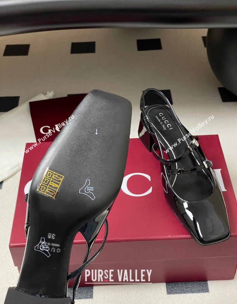 Gucci Patent Leather Slingback Pump 5.5cm with Strass GG Buckle Strap Black 2025 (MD-250828011)