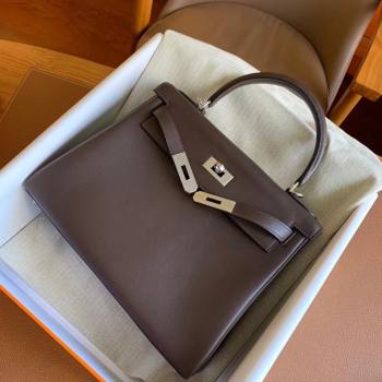 Hermes Kelly 25 Bag in Original Swift Leather Chocolate/Silver 2024 (Full Handmade) (XYA-24032612)