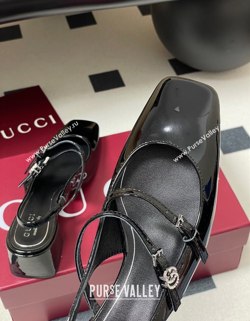 Gucci Patent Leather Slingback Pump 5.5cm with Strass GG Buckle Strap Black 2025 (MD-250828011)