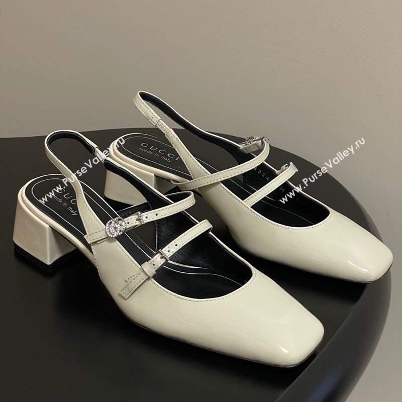 Gucci Patent Leather Slingback Pump 5.5cm with Strass GG Buckle Strap White 2025 (MD-250828012)