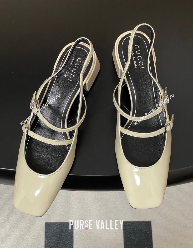 Gucci Patent Leather Slingback Pump 5.5cm with Strass GG Buckle Strap White 2025 (MD-250828012)