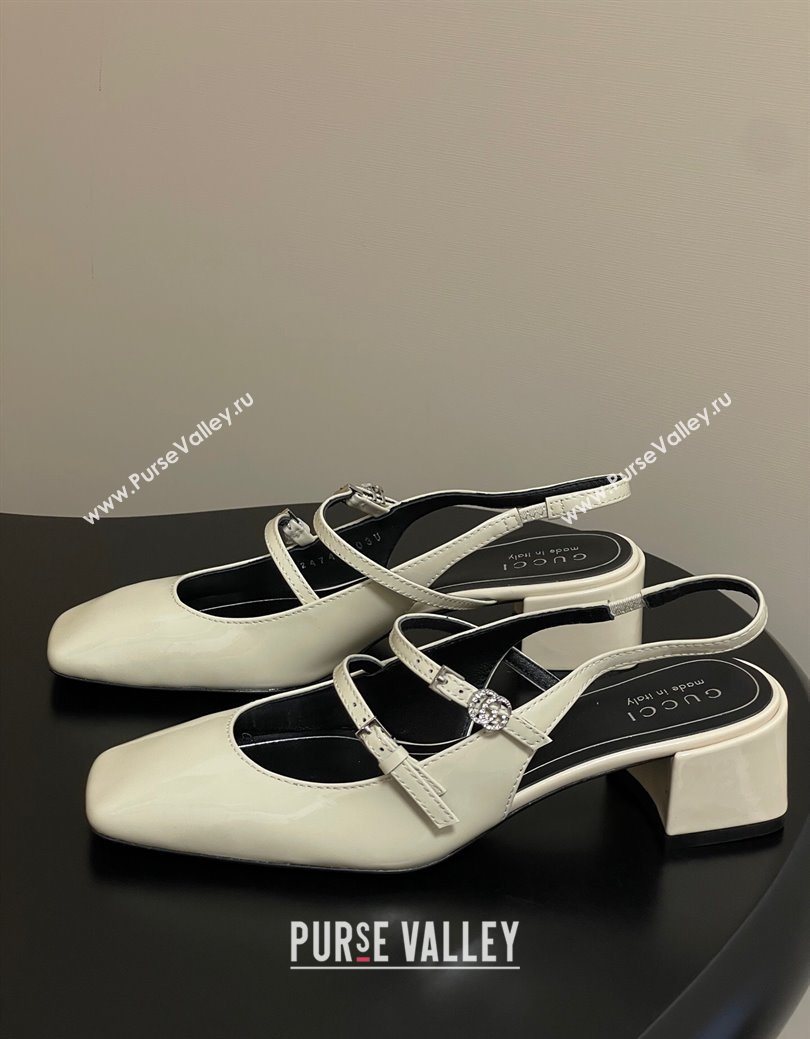 Gucci Patent Leather Slingback Pump 5.5cm with Strass GG Buckle Strap White 2025 (MD-250828012)