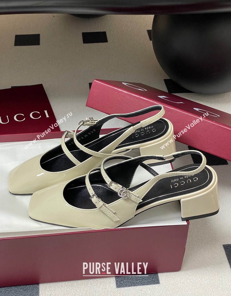 Gucci Patent Leather Slingback Pump 5.5cm with Strass GG Buckle Strap White 2025 (MD-250828012)