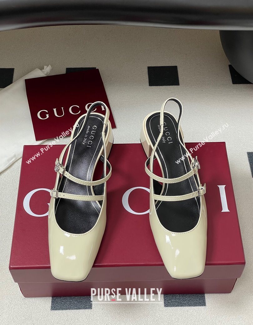 Gucci Patent Leather Slingback Pump 5.5cm with Strass GG Buckle Strap White 2025 (MD-250828012)