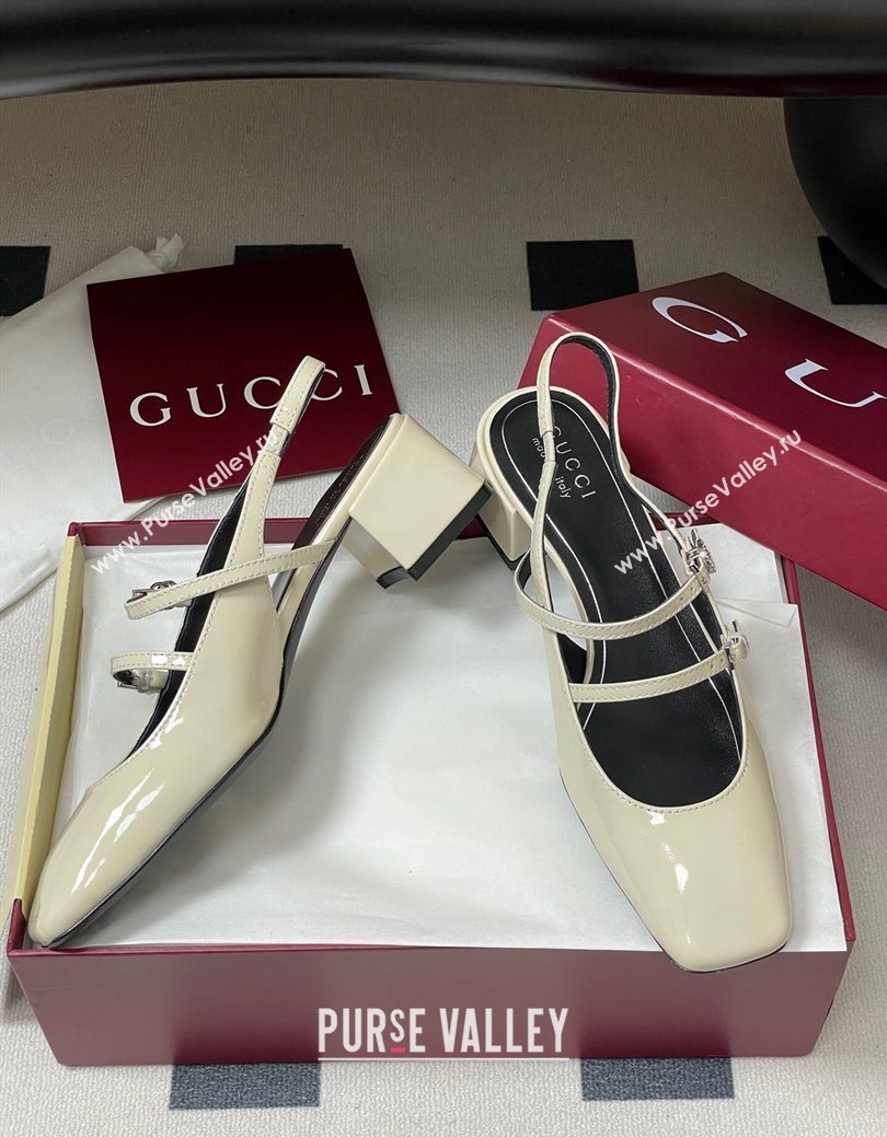 Gucci Patent Leather Slingback Pump 5.5cm with Strass GG Buckle Strap White 2025 (MD-250828012)