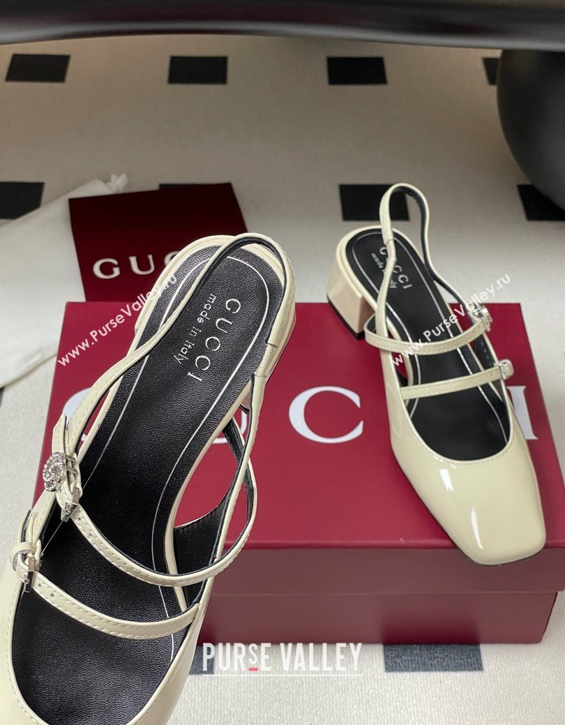 Gucci Patent Leather Slingback Pump 5.5cm with Strass GG Buckle Strap White 2025 (MD-250828012)