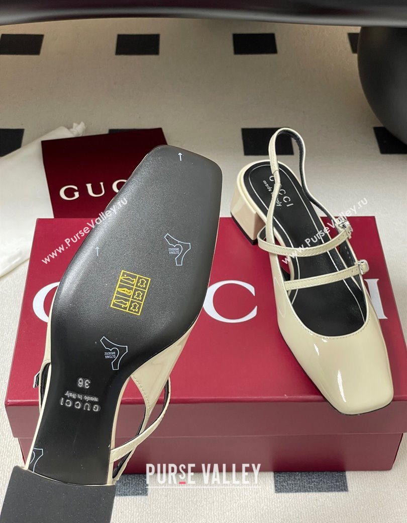 Gucci Patent Leather Slingback Pump 5.5cm with Strass GG Buckle Strap White 2025 (MD-250828012)