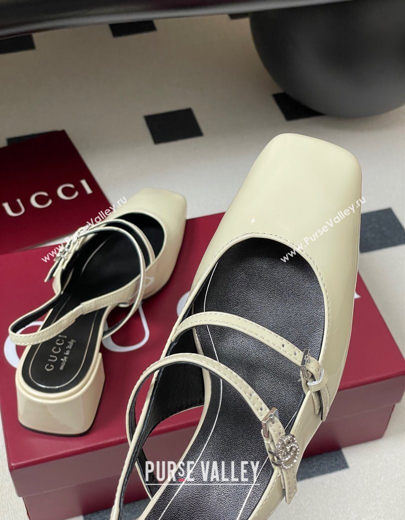 Gucci Patent Leather Slingback Pump 5.5cm with Strass GG Buckle Strap White 2025 (MD-250828012)